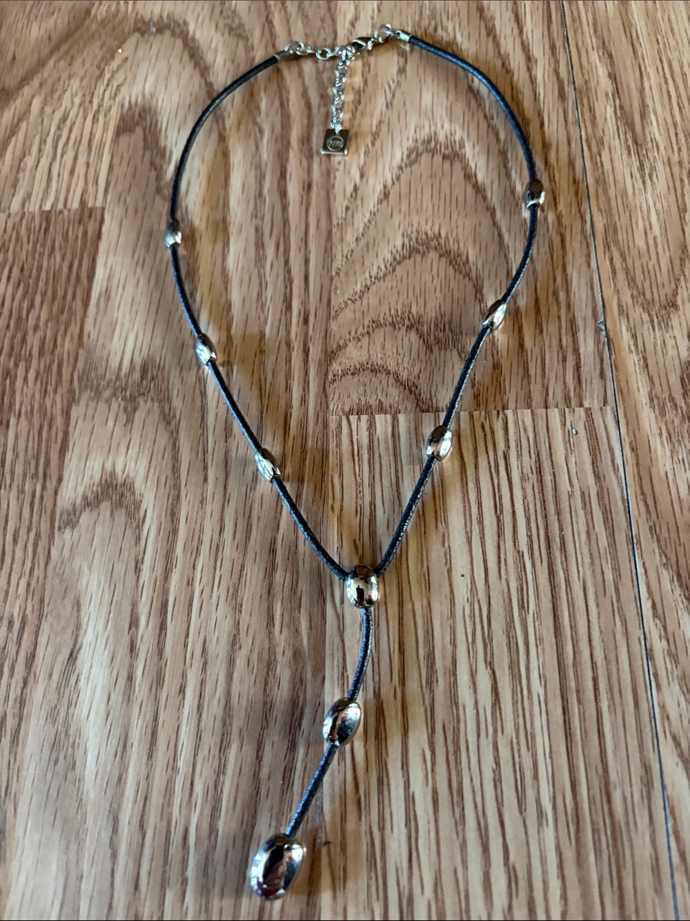NINE WEST SILVER-TONE BEADED BLUE CORDED LARIAT 16-28" NECKLACE